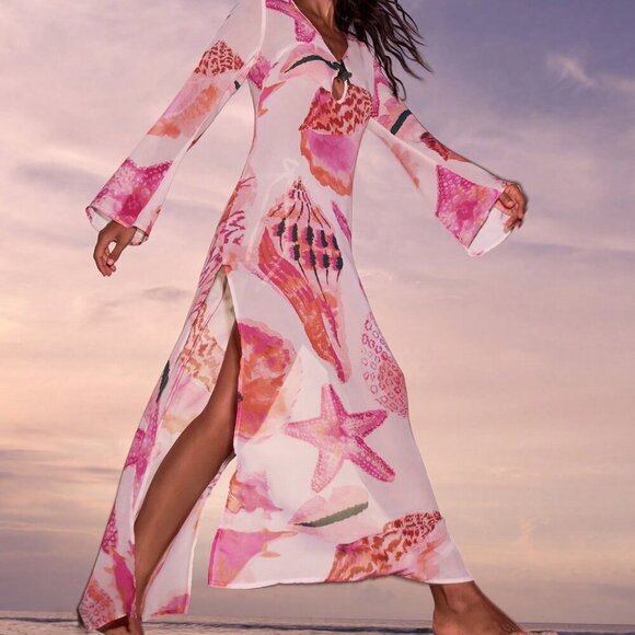 Pink Boho Women's Printed V-Neck Long Sleeve Dress - Picture 2 of 8